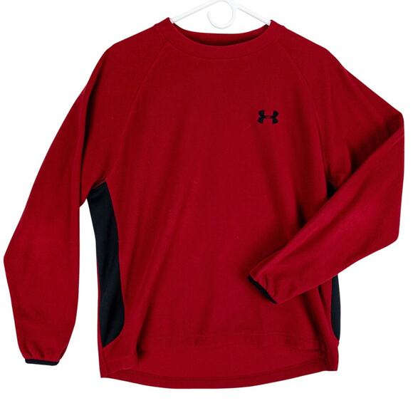 Under Armour Sweatshirt Men's Small Pullover Red Fleece Black Logo Edged Cuffs - Picture 1 of 10